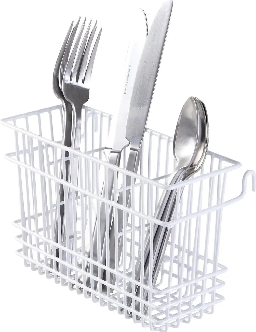 Kitchen Details Cutlery Basket | Hanging | Attach to Standard Dish Drying Rack | Utensil Caddy | Vinyl Coated | 3 Compartment | White