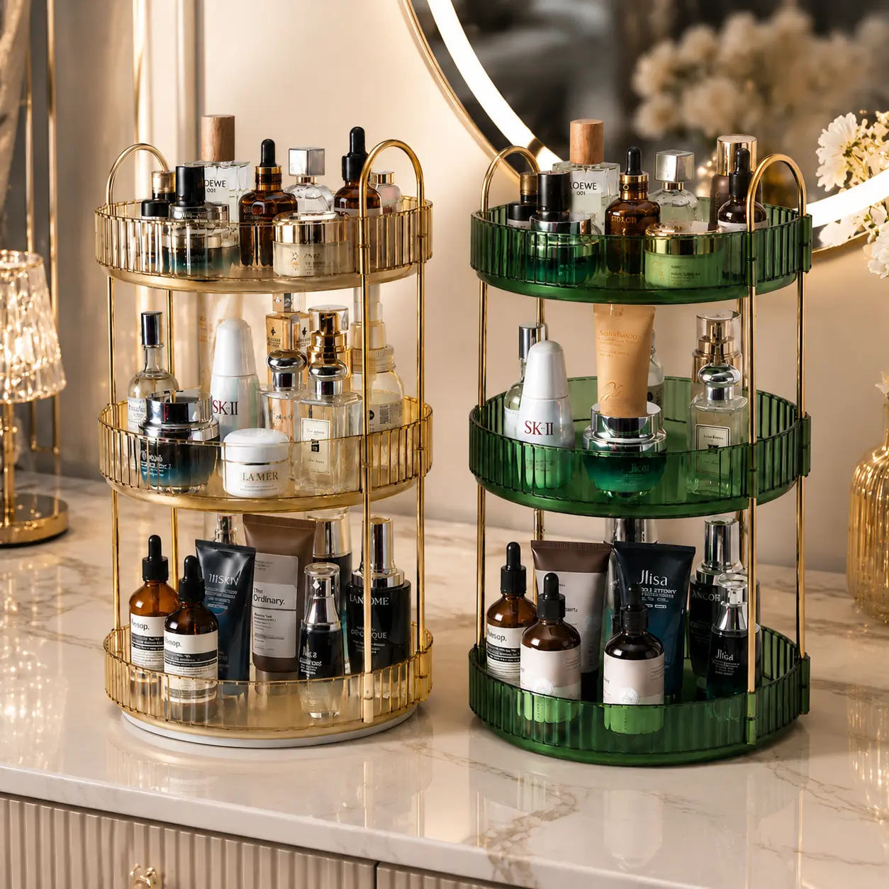 360° Rotating Smooth Makeup Storage Organizer - 3-Tier Large-Capacity Steel & ABS Plastic Bathroom Vanity Carousel, Decorative Countertop Skincare Perfume Cosmetic Declutter Stand, Anti-Slide Rails, Single Unit