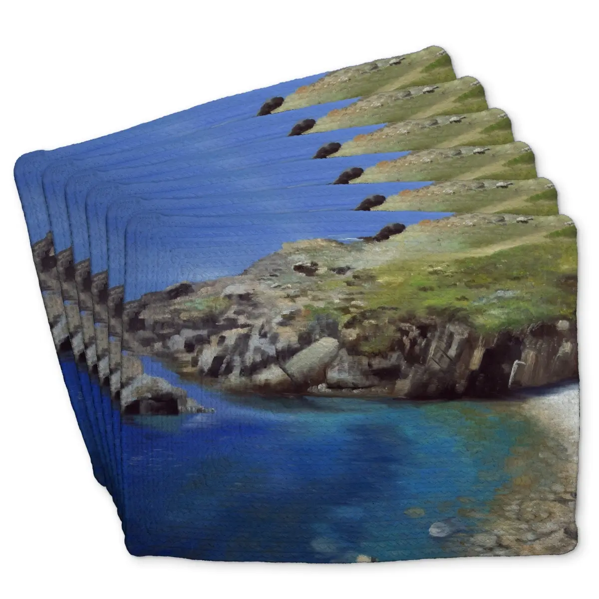 6-Piece Braided Polyester Placemat & Coaster Set with 360 Stand, 14"x18" Rectangle, Spanish Coast Style, Durable Indoor Tableware, Aesthetic Appeal for Family Meals, Easy Clean for Entertaining
