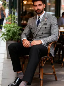 Men's Plaid Suit Jacket + Pants Two-Piece Set, Formal Slim Fit, Fashion Business Attire, Suitable for Office and Formal Occasions, No Tie Included