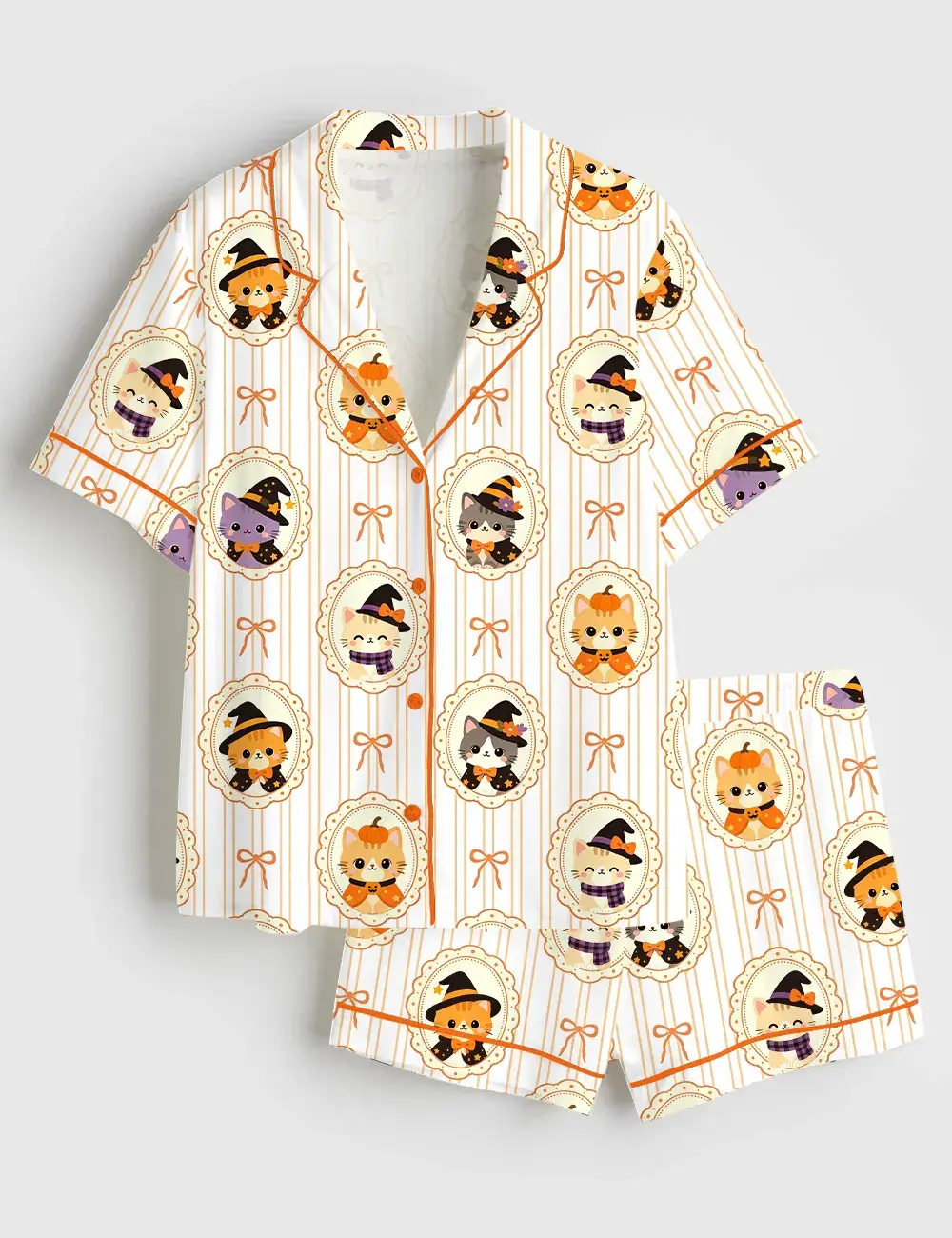 Halloween Cat Cute Witch Kitty Spooky Season Short Sleeve Pajama Set, Sleepwear for Women
