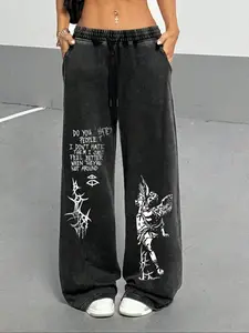 Women's Casual Vintage Washed Long Pants, Gothic Angel Print Drawstring Street Fashion, Fitted Plaid Pattern, All Seasons, Casual Streetwear Trousers