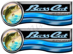 BASS CAT Name Plate Blue Wave Vinyl Decal Boat Stickers 2 PC Set, 10" x 3.5"