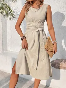 Ladies" Plain And Simple Sleeveless Belted Shift Dress