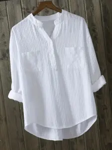 A white V-neck relaxed casual design Spring Pocket blouse for women, highly versatile for both work and indoor wear.