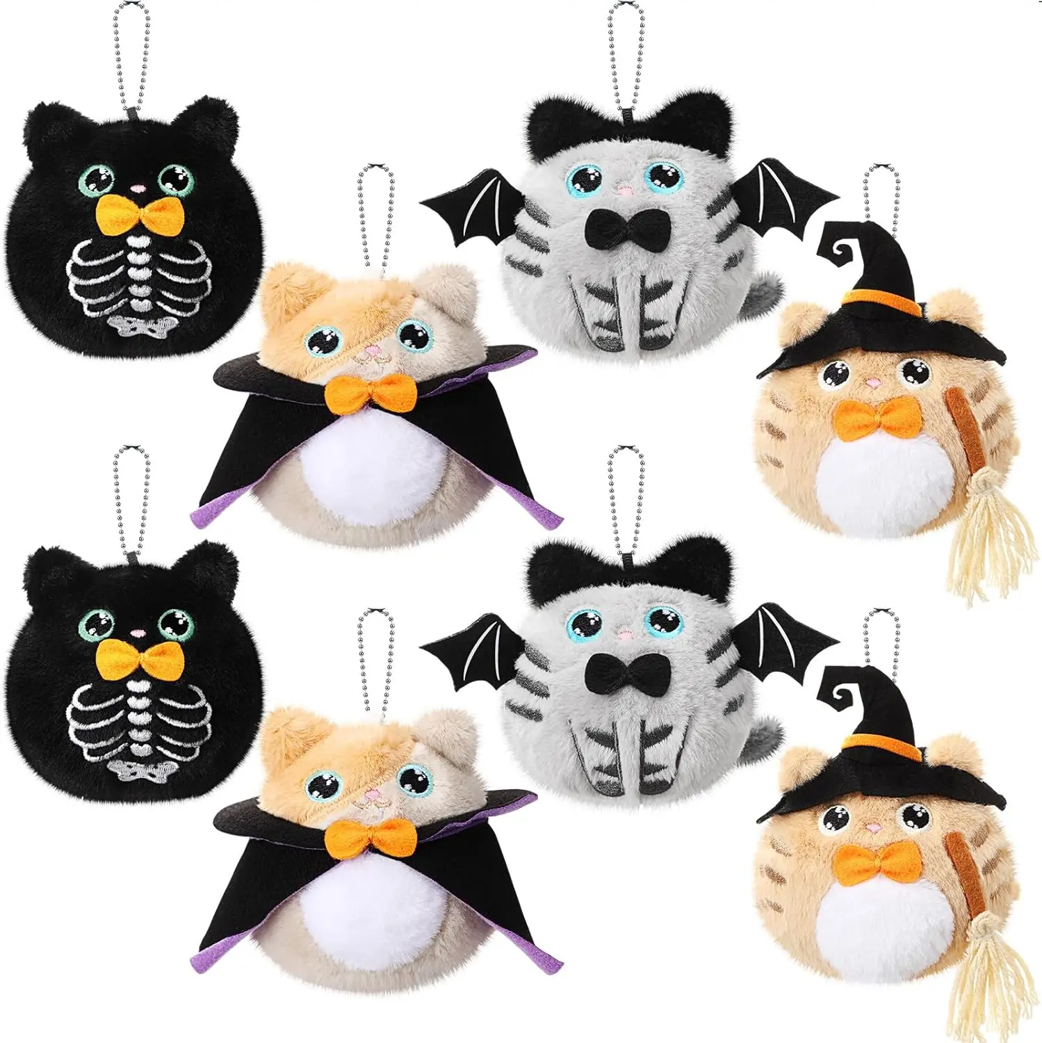 Unisex 8 Pcs 4-Inch Halloween Stuffed Cat Plush Toys, Bulk Mini Plushies with Hangers, Kawaii Small Kitten Trick-or-Treat Goodie Bag Fillers, Party Favors