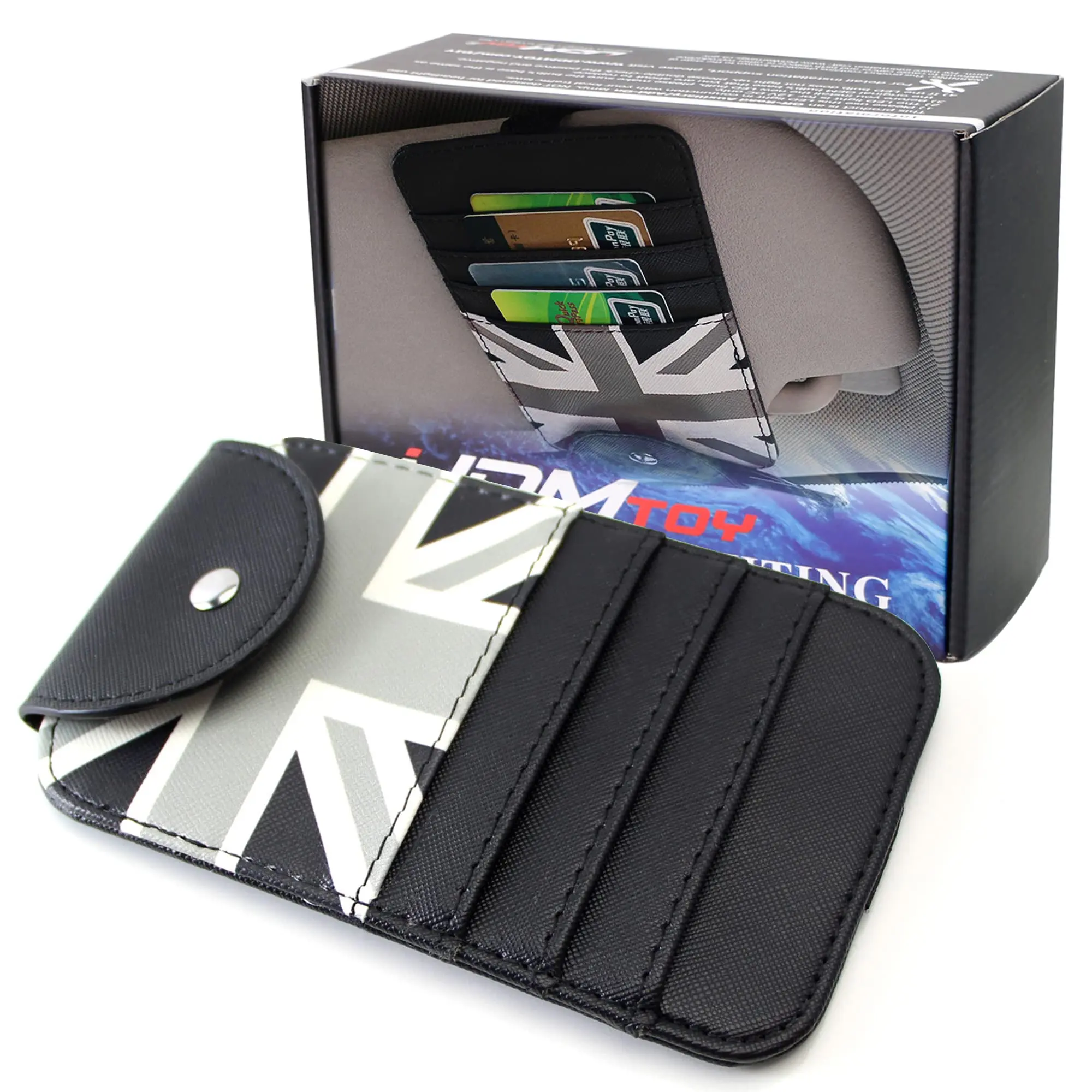 iJDMTOY Sun Visor Organizer Holder with Black/Grey Union Jack UK Flag Print, Elastic Band Attachment, Card Slots, and Sunglass Clip