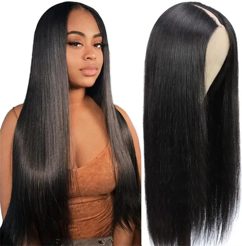 Straight U Part Wigs V Part Glueless Clip in Half Wigs No Leave Out Lace Front Wigs for Women Realistic Natural Looking Heat Resistant Synthetic Hair Natural Black Color