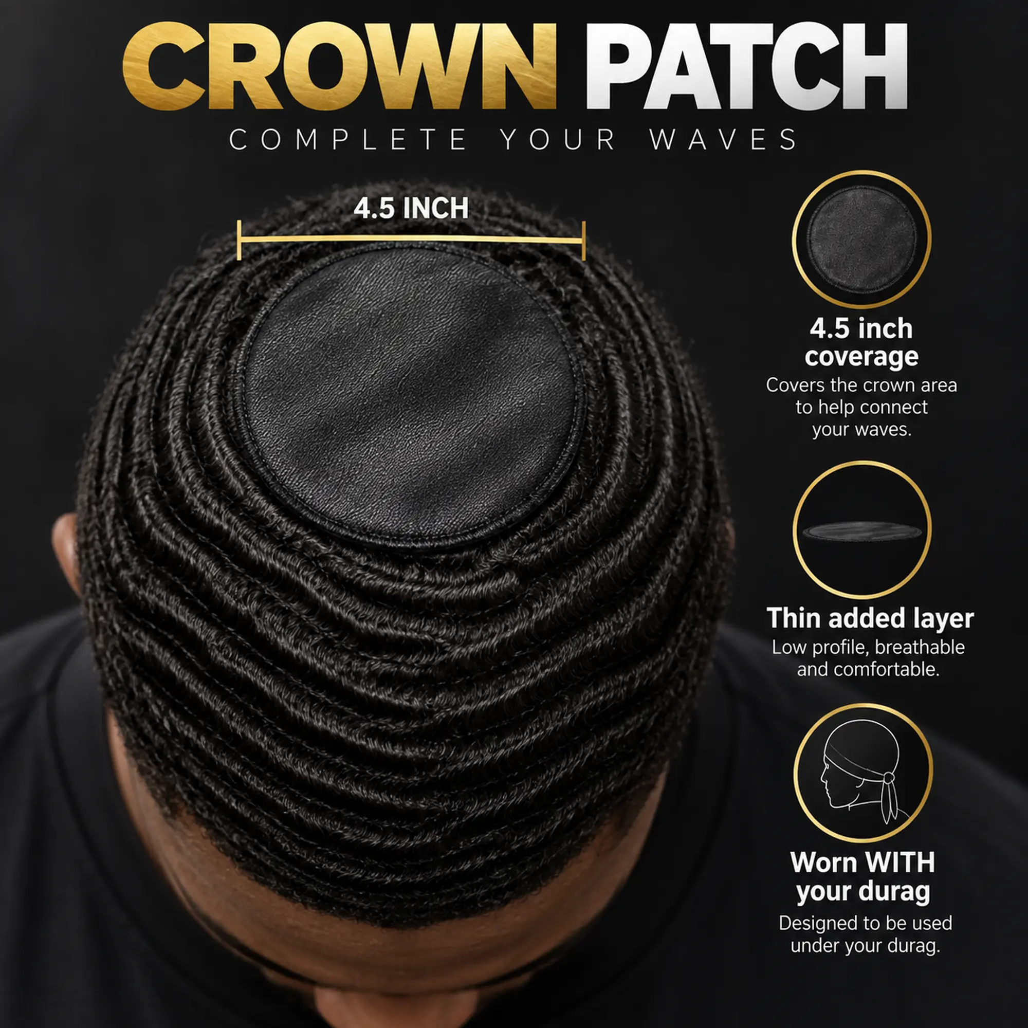 KLY Crown Patch 421 360 Waves Compression Wave Cap, Black - 2, 6 or 12 Pack