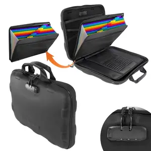 Fireproof Document Box, Hard Case Fireproof File Organizer Box with Lock and 13 Pocket Accordion File Folder, Portable Safe Box for Office Storage Important Documents (With Out Shoulder Strap, Black)