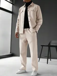 Men's Solid Color Pocket Jacket and Belt Waist Pants Sport Suit Regular Version Mature Business Style, Long Sleeve Jacket Collar Coat and Pocket Long Pants, Men's and Winter Sportswear, Sport Leisure Suit Casual Sportswear, Casual Outfit Set, Menswear