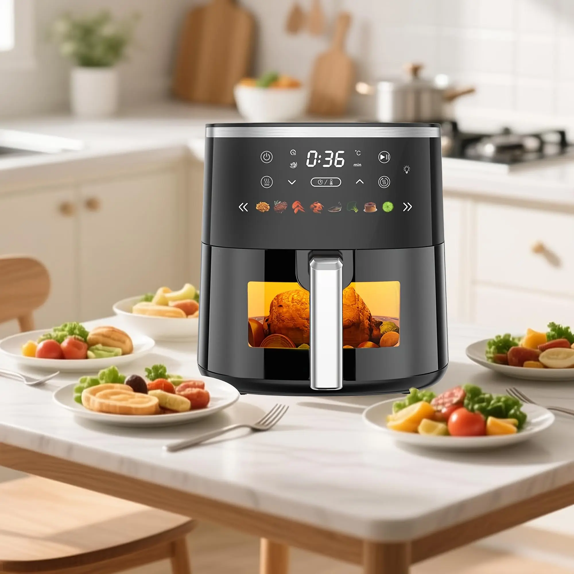 6QT Countertop Air Fryer - Kitchen Appliance with 8 Preset Functions, Visible Window, Adjustable Temperature, Timer, Easy-to-Clean Design, Ideal for Home Use (Crispy Fries, Chicken) - Perfect Christmas Gift