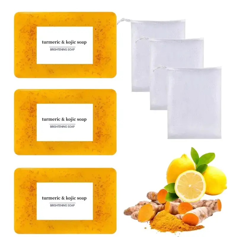 3PCS Lemon Turmeric Kojic acid Soap Fragrance, Body Care Body Wash Lemon Flawless Organic Comfort Cleansing