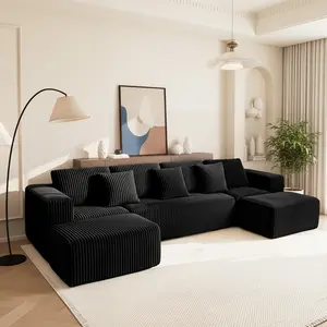 132'' Modular U-Shaped Sectional Sofa, Boneless Sofa. 4-Seater Chaise Lounge with Reversible Design, Striped Corduroy Fabric in Black – Customizable Living Room or Bedroom Couch, Household  Sofa  Freely Configurable Layout