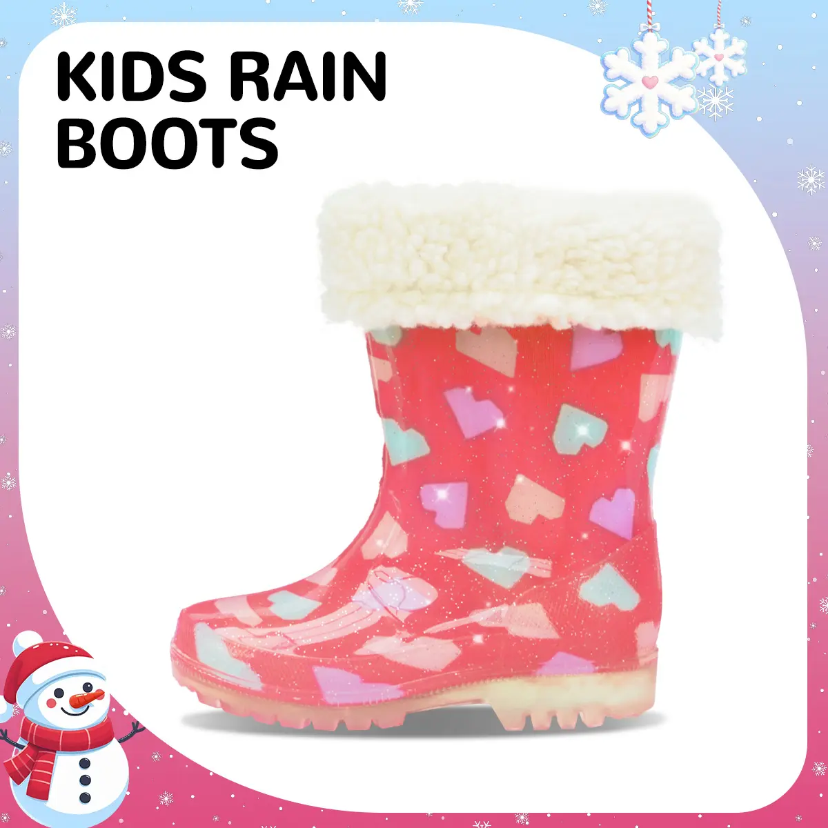 Toddler Girls & Boys Heart Glitter Rain Boots, All-Season Waterproof PVC Outdoor Wear with Removable Fleece Liner & Handles
