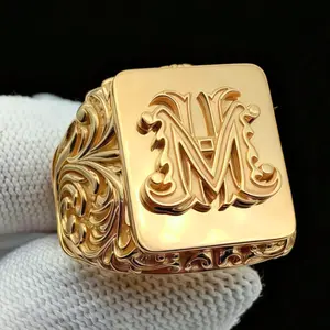 Elegant Square Gold-Plated Ring with Letter “M” – Vintage Script Initial Ring | Personalized Style Jewelry Gift