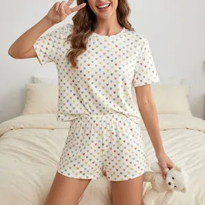 Women's Heart Print Pajama Set, Soft Short Sleeve Top & Elastic Waist Pants, Cute All Over Colorful Hearts Pattern, Comfy Sleepwear for Women