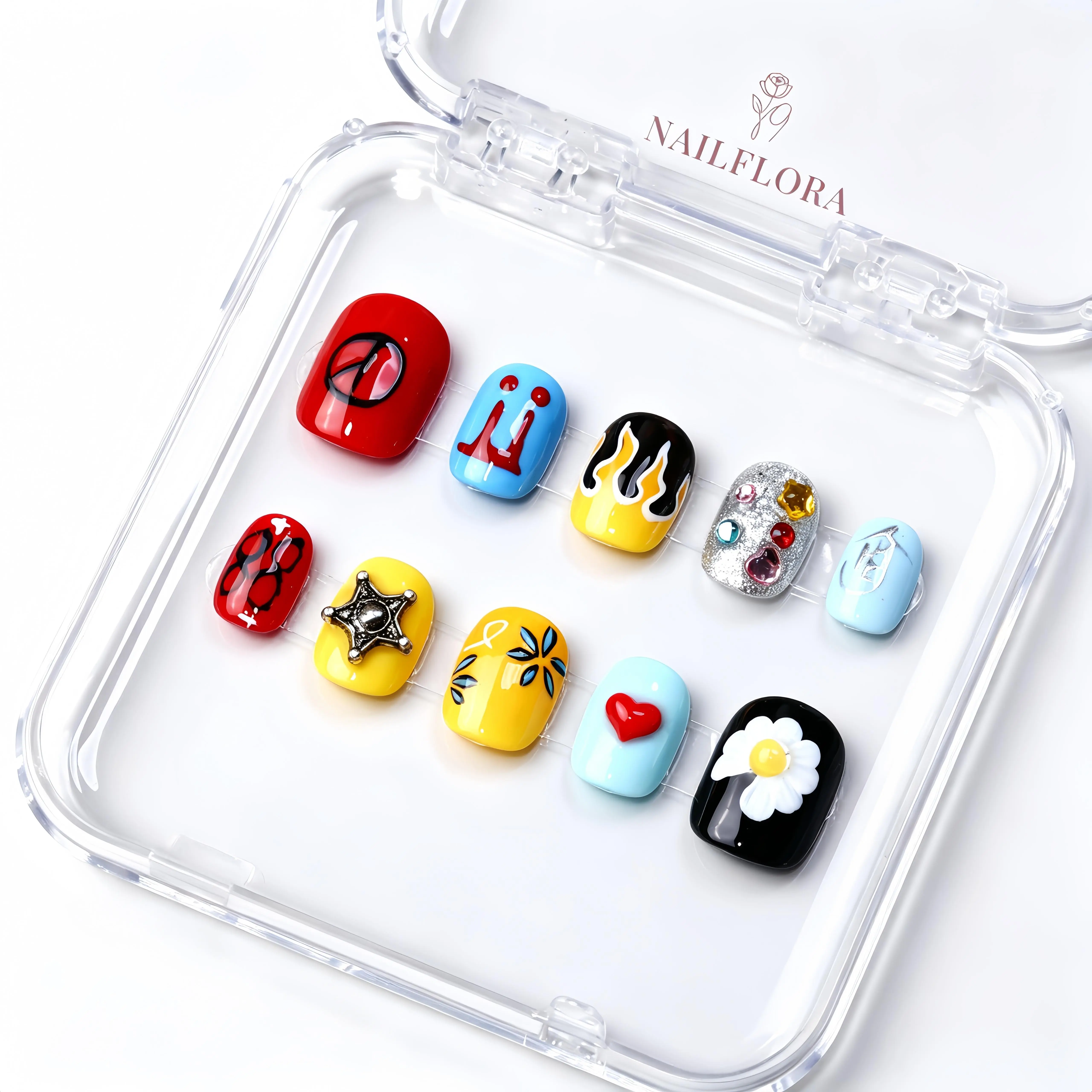 【BUY 2 GET 1 FREE】 NailFlora Icon Pop – Handmade Artistic Press-On Nails | Reusable, Glossy, Statement Nail Design