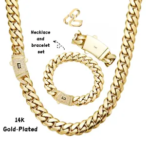 Men Chunky Miami Cuban Chain Jewelry Matching Set, Bling Full Paved Zircon S Logo Clasp 14K Gold Plated Necklace & Bracelet Kit, No Tarnish Waterproof Hip Hop Accessory Gift for Boyfriend Husband