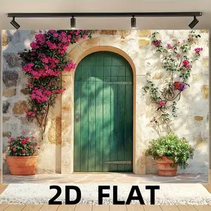 1pc 2D Flat , 2DFLAT Old Spanish Italy House Door with FlowerPolyester fabric Photography Backdrop & party banner - -large size Photographic cloth, Outdoor and indoor party banners, Perfect for
