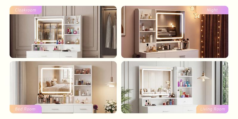 Makeup Vanity Desk with Mirror and Lights, Power Outlet & Adjustable RGB LED Lights, Dressing Table with Storage Shelf for Women & Girls Bedroom