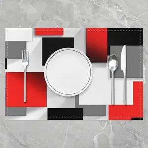 Geometric Placemats Set of 4,Abstract Modern Art Placemats for Dining Table,Red White Black Blocks Decoration Table Mats,Placemat 18"x12" Coasters