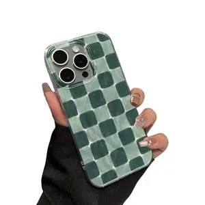Yusha. Green Checkered Retro Mosaic Pattern Phone Case, Creative Fashionable Simple Design, Compatible with iPhone 17/16/1/14/13/12/11/X/XS/XSMAX - Thickened Full-Edge Anti-Drop Soft Case, a Holiday Gift for Friends, Family, and Yourself