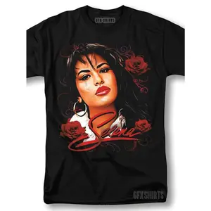 Selena Quintanilla Vintage Graphic T-Shirt - Selena Yemen Portrait & Signature Script - Black Background Retro Pop Art Tee - Unisex Adult Casual Streetwear - Machine Washable Selena Quintanilla Fan Gift for Women & Men,