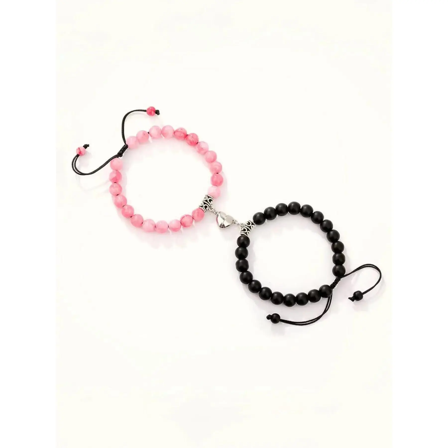 Unisex Magnetic Heart Charm Bracelets for Couple, 2pcs/set Trendy Drawstring Design Beaded Bracelets, Chic All-match Vintage Fashionable Jewelry As Gift for Daily Decor, Valentine's Day, Black Onyx Gift