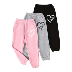 3-Piece Set of Girls' Fall/Winter Heart-Print Fashionable Sweatpants Suitable for Ages 4–14 Comfortable and Soft Against the Skin with a Waistband and Pockets