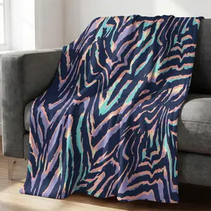 Navy Blue Pastel Zebra Print Flannel Blanket, Abstract Striped Throw Blanket, Warm All Season Blanket for Modern Home, Lightweight Soft Trendy Gift Blanket, Cozy for Couch Bed Sofa Bedroom