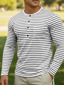 Men's Four Seasons Knitted Round Neck Button Striped Sweater, Slim Fit Comfortable Skin-Friendly Long Sleeve Shirt, Casual Wear fittedshirt