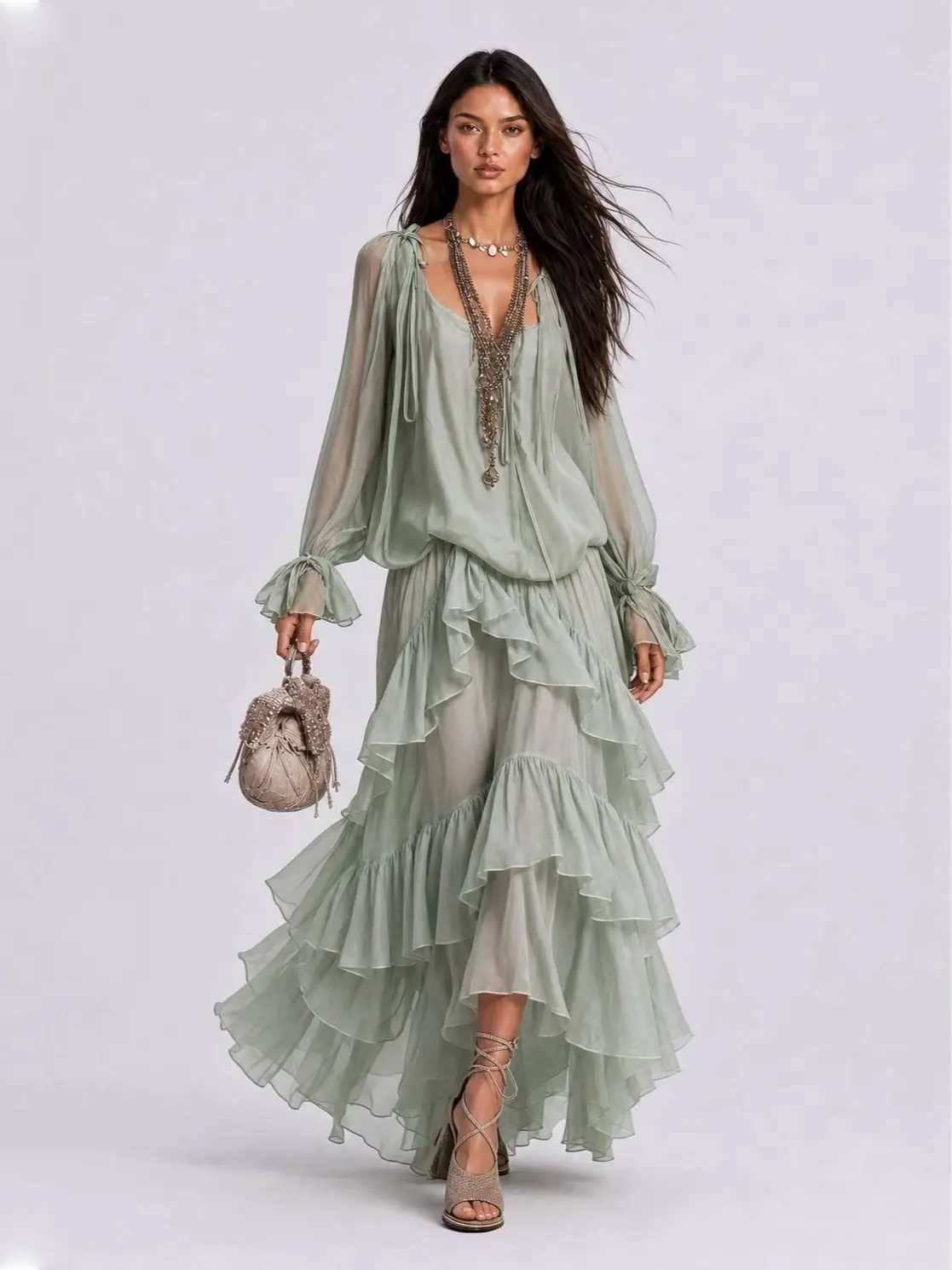 LikeMyChoice Boho Chiffon 2 Piece Outfit Tie Long Sleeve Blouse & Tiered Ruffle Maxi Skirt Set Flowy Sheer Vacation Matching Set for Women LikeMyChoice Boho Chiffon 2 Piece Outfit Tie Long Sleeve Blouse & Tiered Ruffle Maxi Skirt Set Flowy Sheer Vacation Matching Set for Women