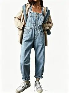 Women’s denim bib overalls with barrel legs, adjustable straps, pockets — jean pants/jumpsuit summerwins