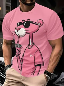 Men's 3D Pattern Crew NeckT-shirt-Fashion Pink Pantherand Milk Tea Design, Breathable Polyester Fiber MicroElastic, Outdoor Casual Sports Style, Regular Version,Polyester Knitted Fabric Top Sweater Tshirt