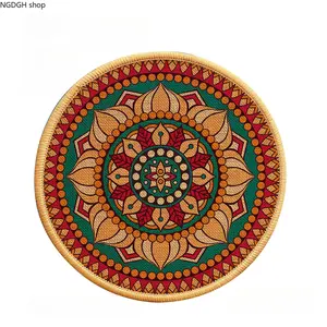 Mandala Round Placemat - Trendy Colorful Bohemian Mandala Coaster with Vibrant Teal Orange Red Pattern & Gold Trim, Non-Slip Durable Fabric Mat, Perfect for Home Kitchen Table Decor Yoga Meditation Beach Picnic & Festival Boho Styling