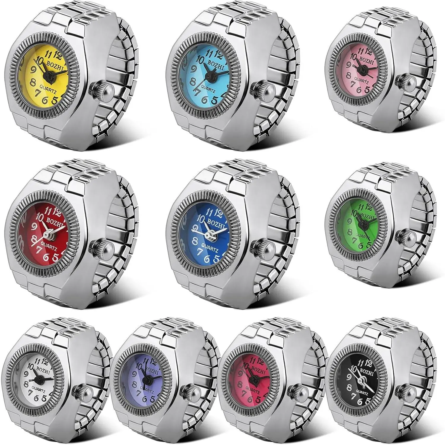 NBB23 10 Pcs Finger Watches Ring for Women Men Adjustable Clock Rings Bulk Creative Elastic Round Quartz Finger Ring Watches