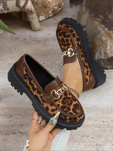 Women's Fashion Leopard Print Slip on Chain Decorated Loafers, Casual Comfortable Round Toe Loafers for Daily Wear, Female All-match Shoes for Fall & Winter, Round Toe Flats, Casual Flat Footwear