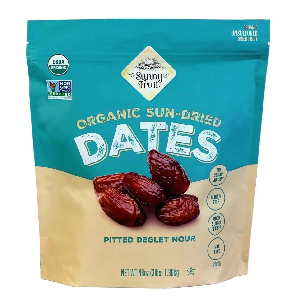 ORGANIC Pitted Dates (Deglet Nour) - Sunny Fruit 48oz Bulk Bag (3 lbs) | NO Added Sugars, Sulfurs or Preservatives | NON-GMO, VEGAN, HALAL & KOSHER