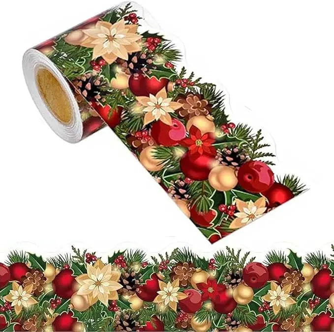 Merry Christmas Stickers - 3 Inch Self-Adhesive Roll, Pinecone & Berry Patterns | Decals for Greeting Cards, Crafts, Windows & DIY Decor