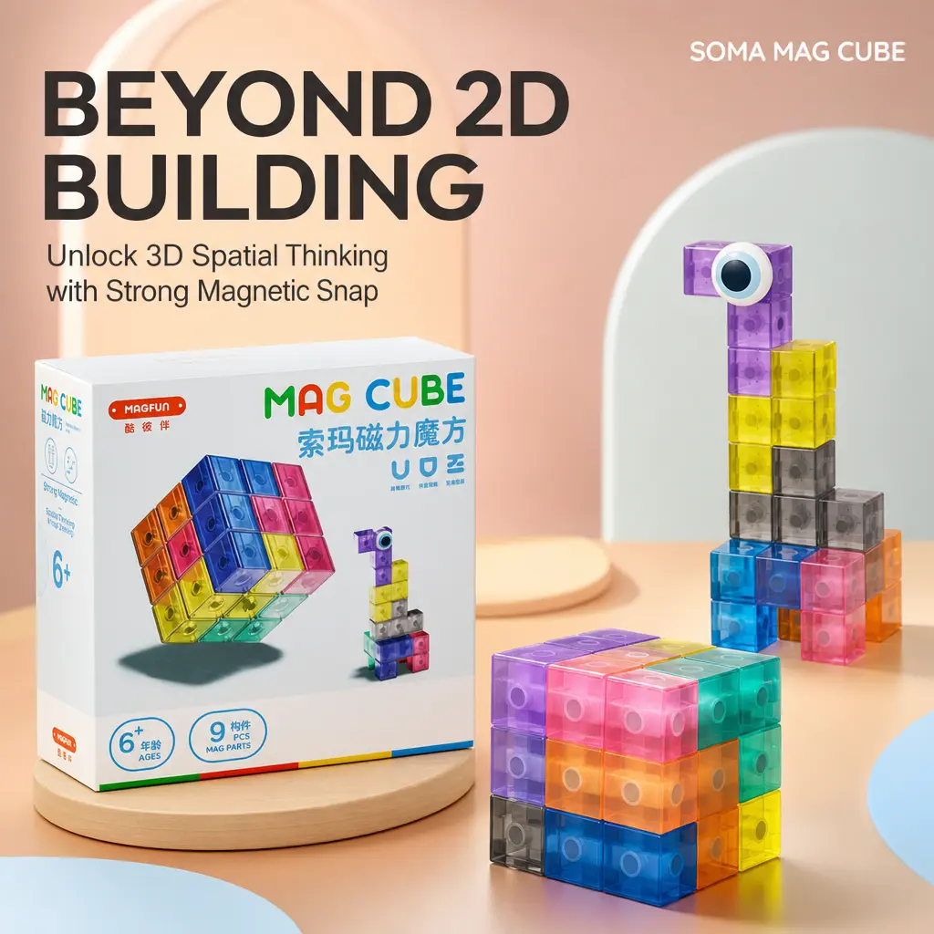 Soma Magnetic Cube Puzzle, 9-Piece 3D Magnetic Building Blocks with 55 Challenge Cards, STEM Educational Brain Teaser Toy, CPC Certified, Ideal Birthday & Holiday Gift for Kids Ages 6+
