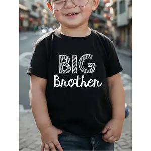 1pc Kids' Big Brother Print Black TShirt, Crew Neck, Casual Cotton Tee, Medium Stretch Knit Fabric, Regular Fit for Boys& Girls Children, Alphabet Pattern, for Spring/ Summer/ Fall, suitable for Father's Day, Thanksgiving, and Christmas