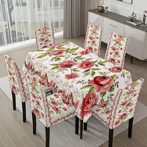 5/7-piece 2D Flat Printing Happy Spring Red Flowers and Green Leaves Printing Pattern Tablecloth and Chair Cover Slipcover Set, for dining table and chair decoration, perfect for home, holiday gatherings, restaurants, and parties.