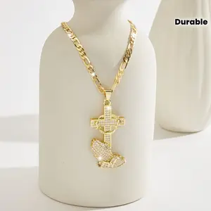 Ring  necklace  watch  scarf 14K Gold Plated Boho Style Pendant Necklace with Cross & Prayer Hand Design - Sparkling Zirconia, Elegant Religious Jewelry for Weddings, Parties, and Special Occasions, Festive Accessory|Bohoinspired Design|Dur