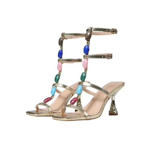 Women's Gold High-Heeled Sandals - Elegant Footwear, Fashion Chic Casual Holiday Shoes, Pointed Toe, Special Heels, Rhinestone Decoration, Slingback Strap, Breathable, Lightweight for Party & Evening Events
