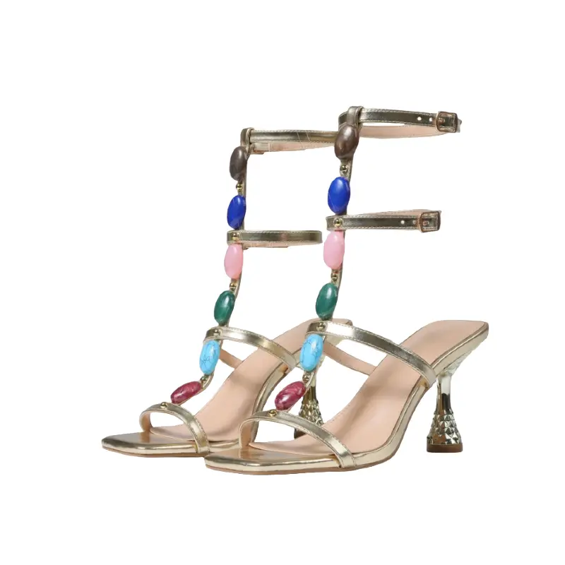 Women's Gold High-Heeled Sandals - Elegant Footwear, Fashion Chic Casual Holiday Shoes, Pointed Toe, Special Heels, Rhinestone Decoration, Slingback Strap, Breathable, Lightweight for Party & Evening Events