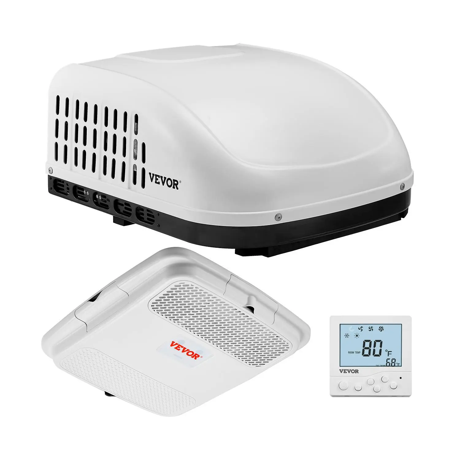 【DealsForYouDays】VEVOR 13500 BTU Compressor Non-Ducted Rooftop RV Air Conditioner, 65 dB Quiet Design, 3 Modes, Timer, 107.6 Sq. Ft. Coverage, 14.25 x 14.25 Inch, W/ Air Distribution Box, Operation Panel & Installation Hardware for Campers, Vans (White),