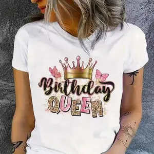 Birthday Queen Cotton TShirt Casual Crew Neck Short Sleeve Top Women Clothing Featuring Crown Design