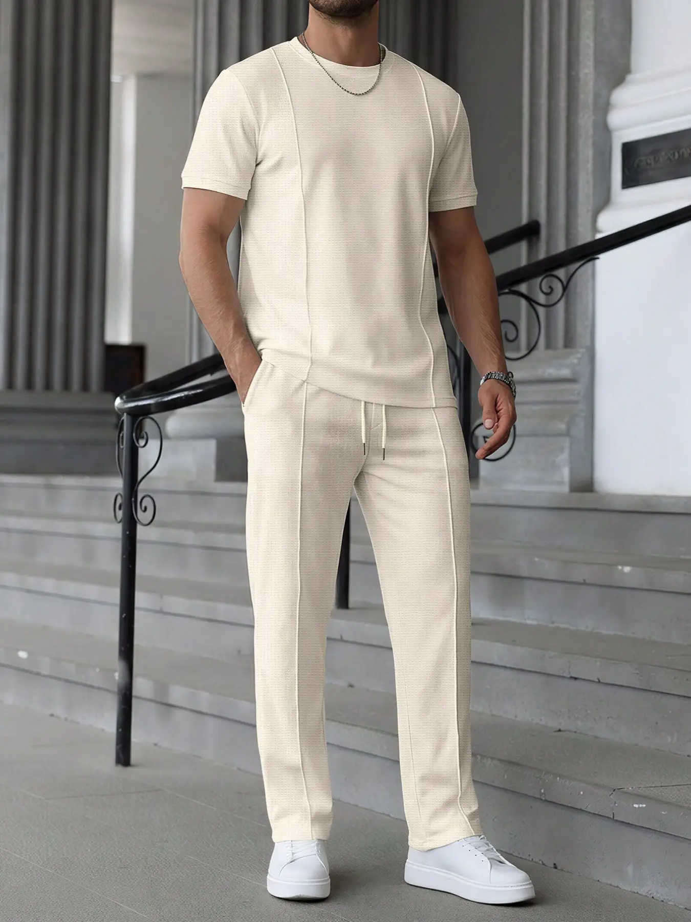 Men's Casual Solid Color Fitted Knit Two-Piece Set with Matching Coordinated Crew Neck Top and Comfortable Pants, Perfect for Everyday Wear