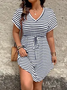 Women's Plus Size Striped Dress V-Neck Short Sleeve Drawstring Waist Adjustable T-Shirt Dresses Curved Hem Flowy Chic Casual Summer Beach Vacation Daily Lounge Trendy